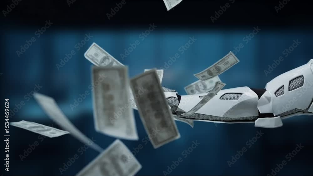Poster a dynamic image of a futuristic robot hand releasing cash highlights the intersection of technology 