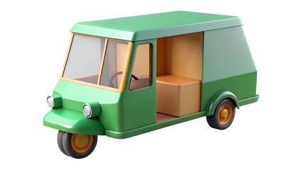 Cartoon illustration of a green delivery vehicle with a box in the back for commercial and transportation concepts.