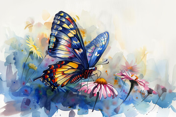 bright children's watercolor drawing of a beautiful multicolored tropical butterfly sitting on a daisy flower, side view
