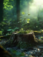 misty morning forest where a young tree sprouts from an old stump, surrounded by soft light and dew-covered foliage, symbolizing renewal