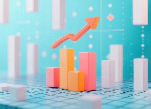 3D render of a blue grid background with white blocks, featuring a bar chart and upward arrow symbolizing growth, success, and financial progress.