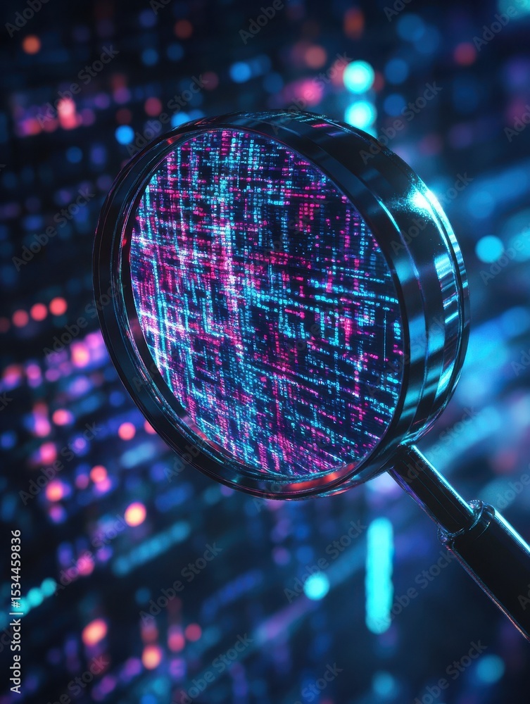 Poster magnifying glass exploring abstract digital data stream: cybersecurity and software development conc