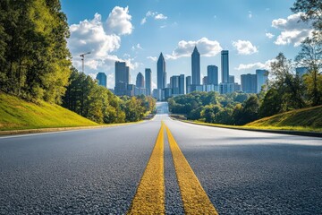 Empty asphalt road leading toward Atlanta city skyline with modern skyscrapers in the background, urban landscape on a clear day.