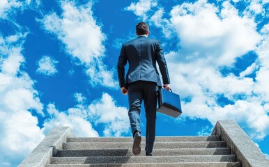 Businessman in suit carrying briefcase walks up concrete stairs under blue sky with clouds, symbolizing business success, ambition, and career growth.
