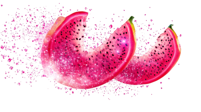 Flying glowing crystal dragonfruit slices emitting magical sparkles isolated on white background 