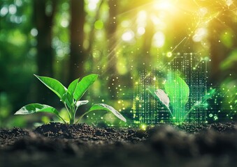 Young plant sprouting from soil with overlayed digital graphic of interconnected lines and symbols
