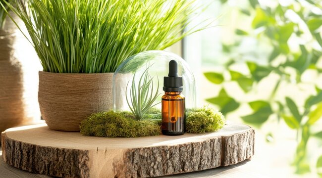Natural aromatherapy elixir nestled amongst greenery