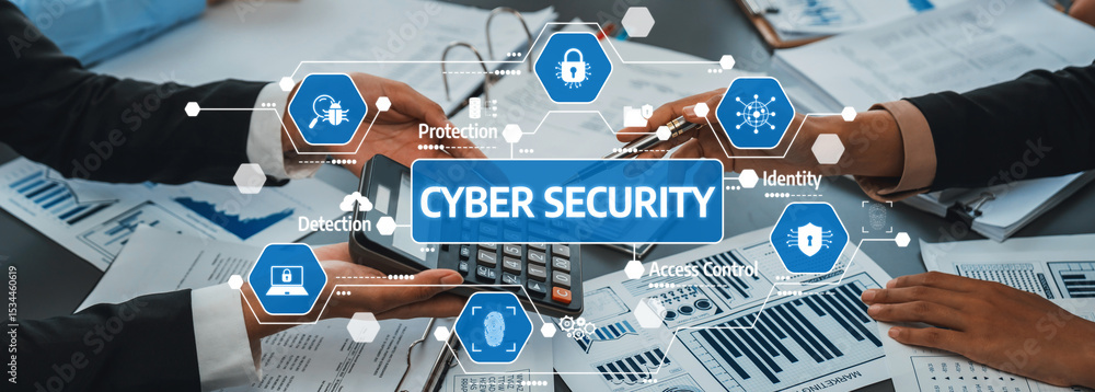 Aufkleber explore the world of cybersecurity in a professional setting with hands interacting over documents, 