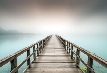 Wooden Pier Extending into the Mist and Cloud.