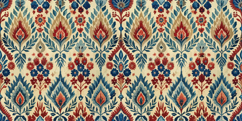 Colorful vintage floral pattern on cream background, featuring intricate designs.