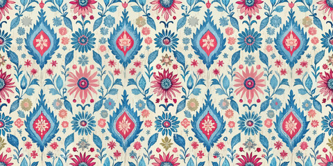 Colorful floral pattern with intricate designs in blue and pink tones.