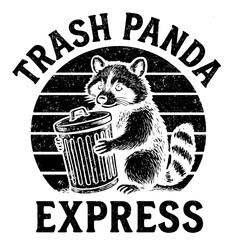 retro vintage sunset trash panda raccoon design with a funny quote "Trash Panda Express" vector illustration