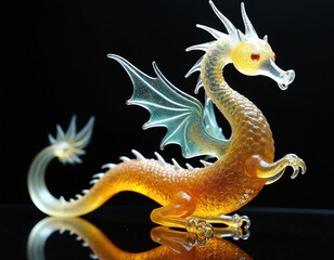 Fototapeta premium Glass art sculpture dragon in yellow color with transparent wings. Fantasy creature on black background, studio shot with focus on details and reflection. Dragon animal theme.