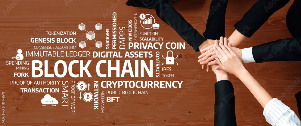 Aufkleber this image showcases a collaborative meeting around blockchain technology, emphasizing teamwork and 