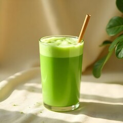 A Refreshing Glass of Matcha Latte Awaits, Promising a Wholesome and Invigorating Treat
