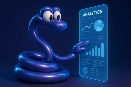 A fun 3D cartoon snake character pointing at a futuristic transparent screen with the word "ANALYTICS" and various charts. A playful concept for data analysis, business intelligence, or programming la