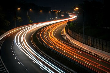 Night traffic blurs along the urban highway, a fast-moving stream of car lights through the dark city