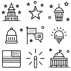 Obraz premium Twelve Black and White Line Icons Government Buildings Stars and Flags