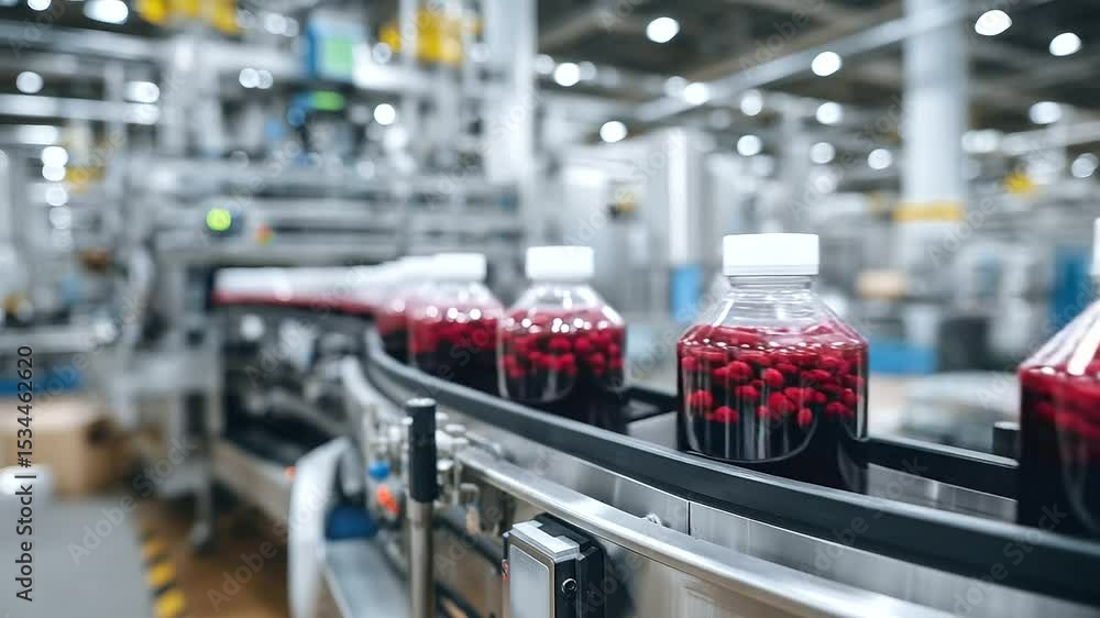 Aufkleber side view of a juice production line, vibrant raspberry-colored liquid filling rows of bottles as qu