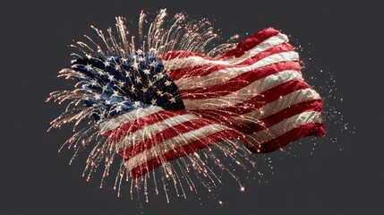 American flag-themed fireworks burst in night sky, dynamic and festive Independence Day,