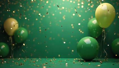Green balloons with gold confetti on festive green background. Party celebration concept. Birthday or St Patricks Day holiday design. Shiny balloons, confetti, bokeh lights. Vibrant colors, fun event.