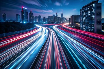 Obraz premium A vibrant blur of car lights streaks through the busy Hong Kong city streets at night, capturing the essence of urban transportation and the dynamic cityscape