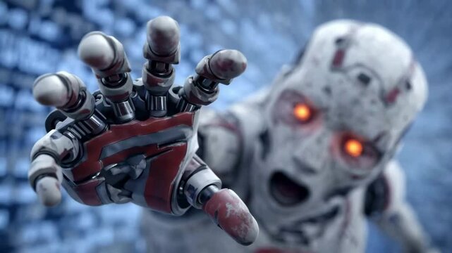Angry humanoid robot lunges forward with glowing red eyes and open hand, intense close-up and dramatic focus blur creating a sense of attack and urgency.