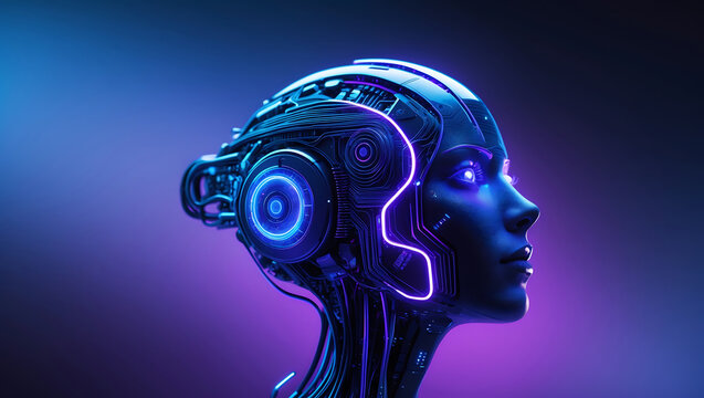 Cybernetic humanoid portrait featuring glowing circuitry and futuristic interface in a deep neon glow