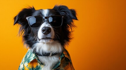 dog wearing sunglasses and Hawaiian shirt on studio background