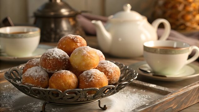Delicious doughnut dessert with powdered sugar served alongside tea on a wooden tray - Powered by Adobe