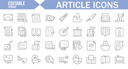 Set of icons for writing tools, documents, and articles in editable format.