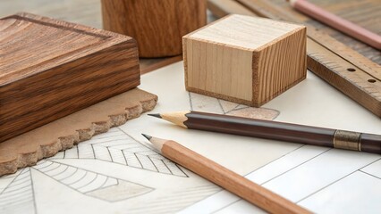 Wooden objects and pencils on drafting plans illustrating design and architectural concepts