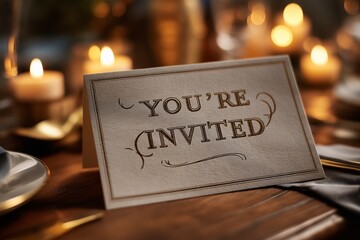 Elegant Invitation Card: A delicately textured invitation card sits amidst soft candlelight and warm bokeh, beckoning anticipation for a special occasion.