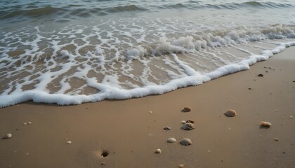 A realistic ocean shore scene with gentle waves rolling onto wet sand, foam patterns forming along the water&rsquo;s edge, and seashells scattered randomly.