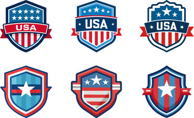 USA Badges Vector Set – Patriotic Shield Collection, American Stars and Stripes, Independence, Emblem Design

