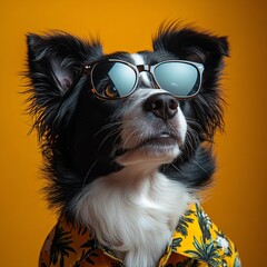 dog wearing sunglasses and Hawaiian shirt on studio background
