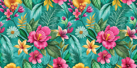 Vibrant floral pattern featuring tropical blooms and lush greenery.