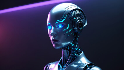 Futuristic cyborg portrait with glowing blue eyes in a neon lit cyberpunk environment.