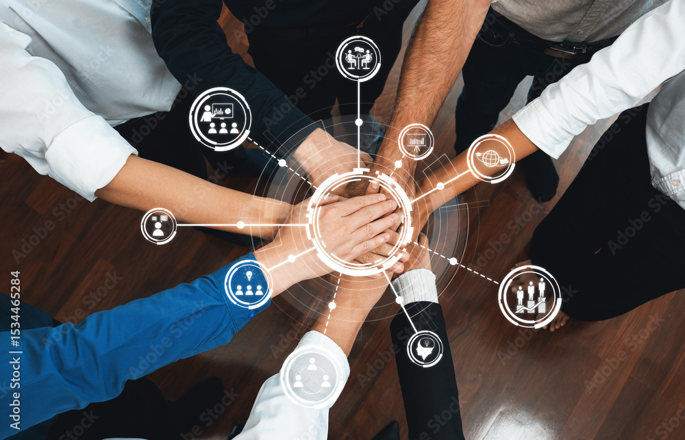 Aufkleber Aerial view of diverse hands joined together symbolizing teamwork and collaboration in a business environment, complemented by technology icons representing interconnectedness. Amity