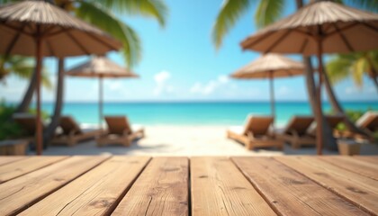 Empty wooden tabletop for product display or montage. Blurred summer resort beach bar background. Beach umbrellas, sunbeds on shore, blue ocean water under sky, palm leaves. Vacation, travel concept.