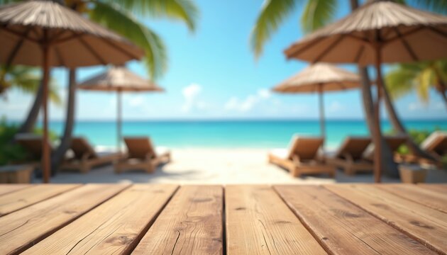 Empty wooden tabletop for product display or montage. Blurred summer resort beach bar background. Beach umbrellas, sunbeds on shore, blue ocean water under sky, palm leaves. Vacation, travel concept.