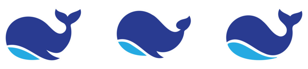 Cute minimal whale logo design in blue and purple gradient with playful aquatic shapes, suitable for branding and marine icons