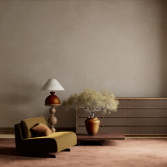 Serene harmony in a minimalist living room. Calm elegance with natural textures. 3D illustration