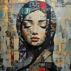 Abstract Woman Portrait Colorful Textured Elements Modern Art