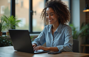 Young woman working on laptop in modern office, smiling, using computer. Businesswoman in casual wear works from home on new product development strategy. Freelancer remote work. Online marketing.