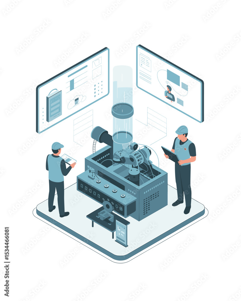 Poster isometric illustration of two engineers operating advanced machinery with data visualization