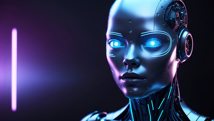 Futuristic portrait of a beautiful female robot with glowing blue eyes and neon lighting