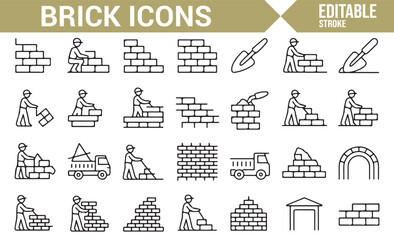 Illustrative icons for masonry and construction industry featuring workers, tools, and walls.