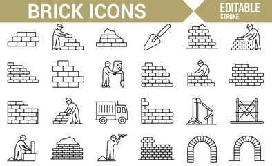 Vector icons of construction workers, trowels, bricks, and wall-building tools for industry.

