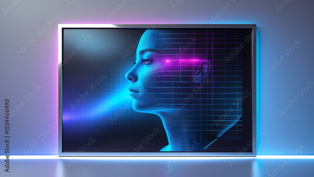 Poster futuristic portrait of a woman with data grid and neon light on a display screen
